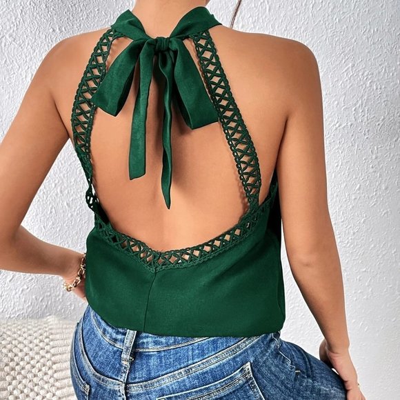 . Tops - Green Boho Womens Tie Backless Ruffle Trim Peplum Blouse